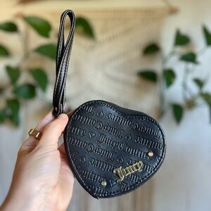 Juicy Couture Heart Wallet Wristlet Coin Purse Black Embossed Faux Leather